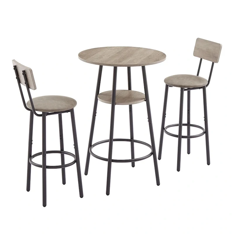 Grondin Industrial Style 3-Piece Round Bistro Pub Table Set with 2 PU Leather Bar Stools and Shelf, Counter Height Bar Table Set