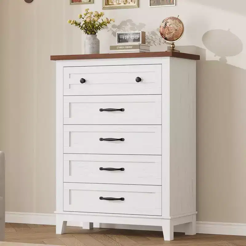 Freestanding 41.3 Tall Vertical Drawer Dresser with Storage , Wooden Closet Storage Chest for Living Room, Bedroom, Entryway, Bedroom, White + Brown