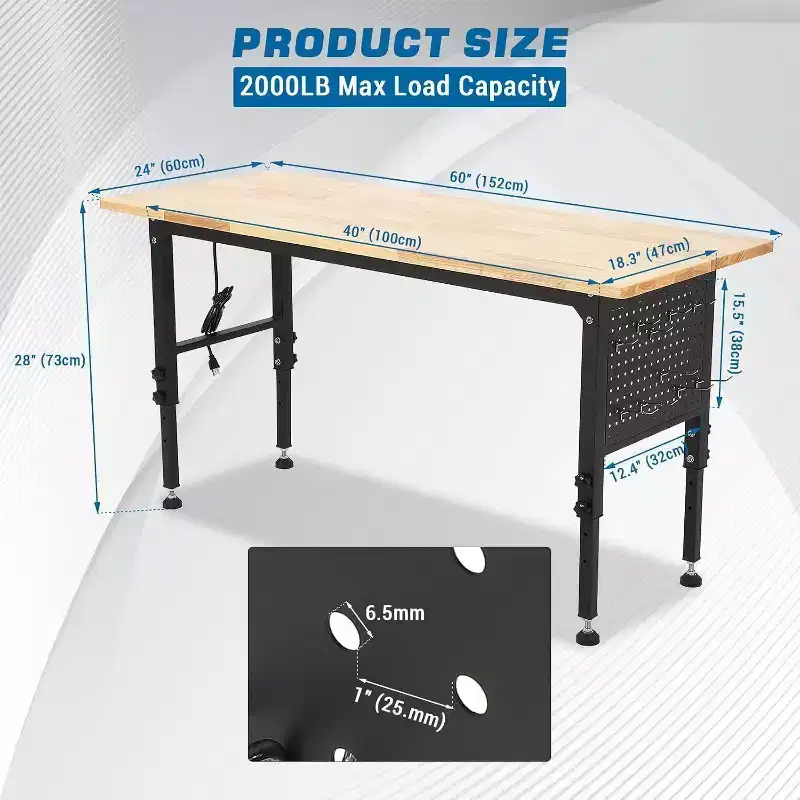 Black Metal Frame Workbench with Wood Top, Pegboard & Wheels – 1-Person, 2000 lbs Capacity