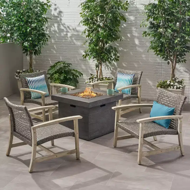 Breakwater 5pc Wood & Wicker Club Chairs & Fire Pit Set - Light Gray/Black/Gray -Christopher Knight Home: Acacia Frame, PE Rattan