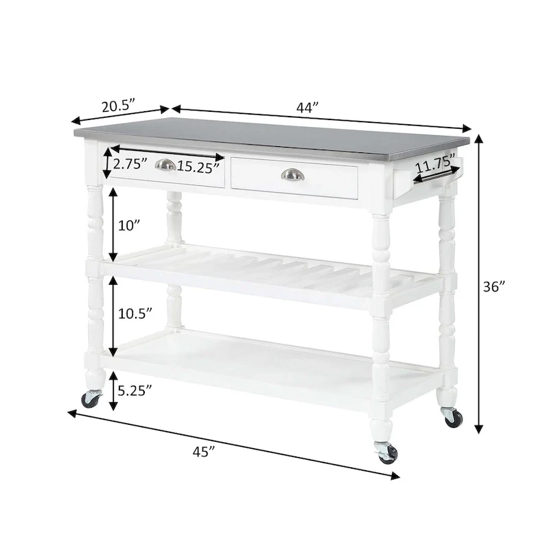 French Country 3 Tier Stainless Steel Kitchen Cart with Drawers