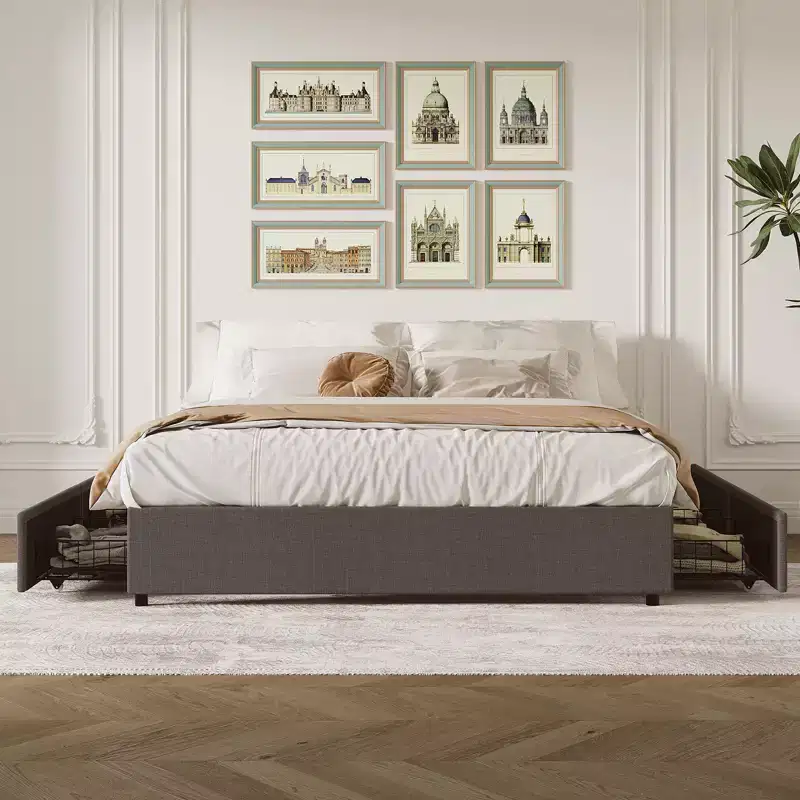 King Platform Bed Frame with 4 Storage Drawers, Linen Fabric Upholstered