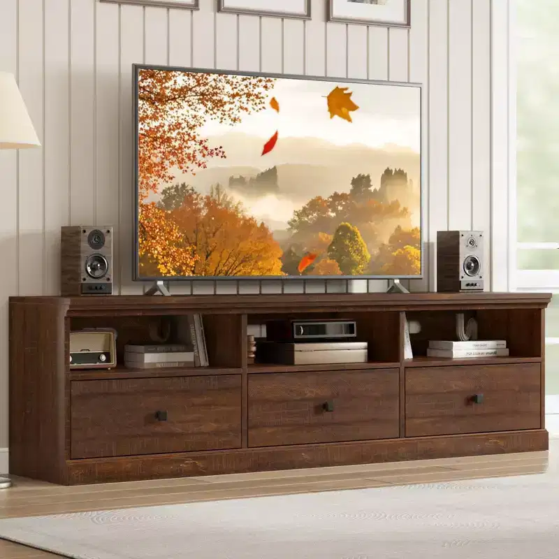 70-Inch TV Console Media Cabinet, Mid Century Modern Entertainment Center with Storage Drawer & Open Shelves, Fits TVs Up to 80 for Living Room