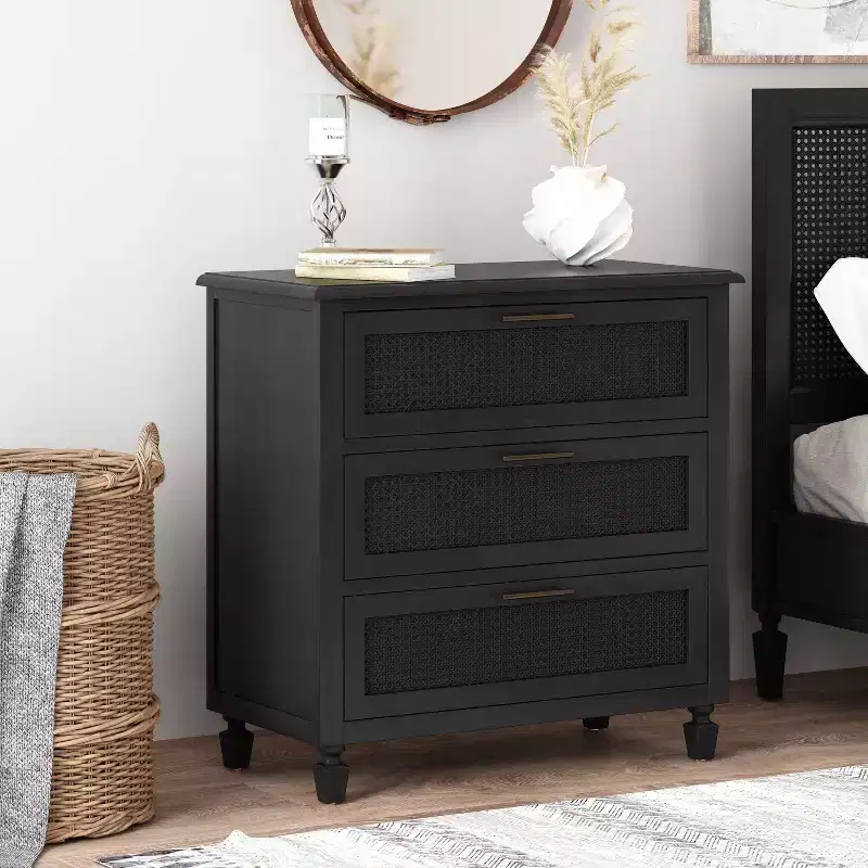 Rustic Acacia Wood and Cane 3 Drawer Dresser, Dark Gray