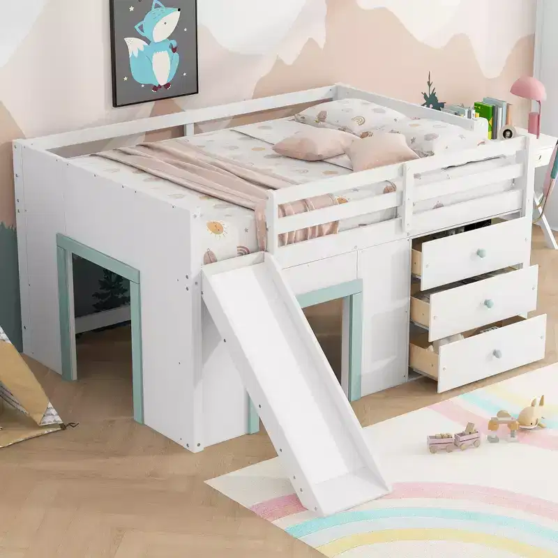 Full Size Low Loft Bed with Slide, Wooden Kids Loft Bed Frame with Three Storage Drawers, White