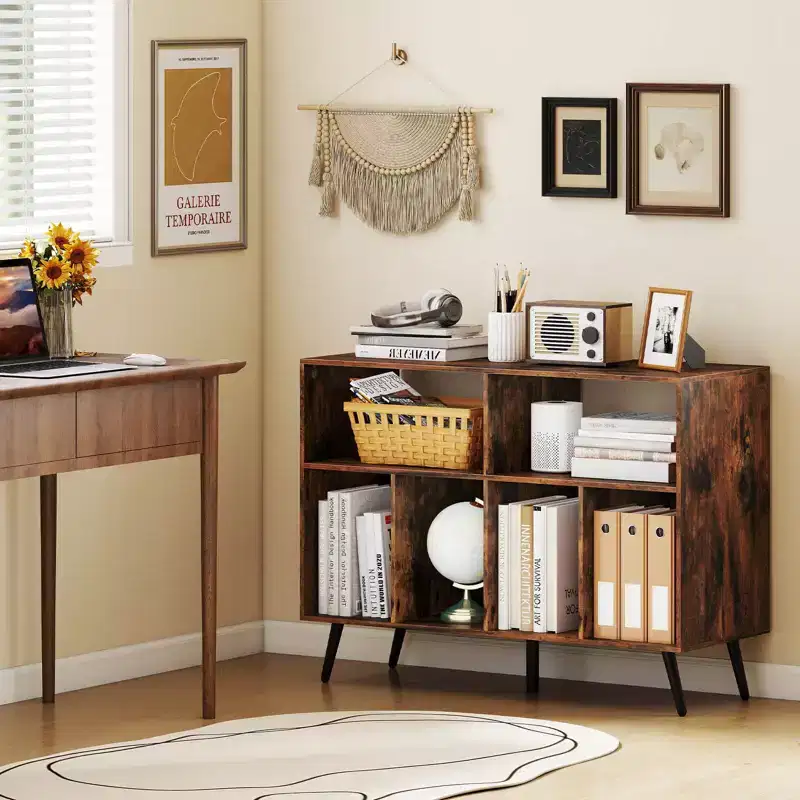 Record Player Stand with Charging Station, Open Shelves & Compartments, Raised Legs