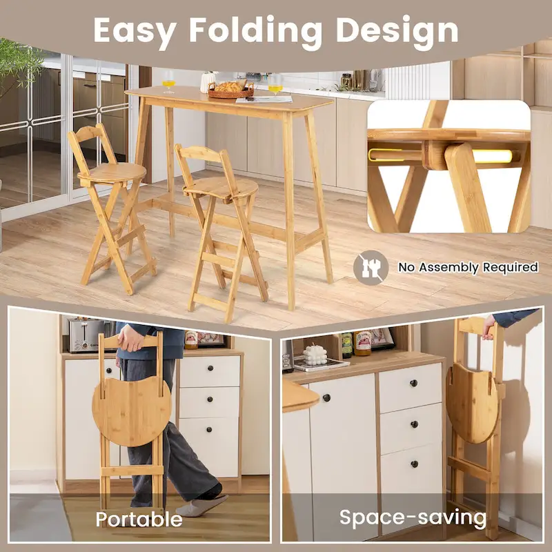 Set of 2 Bamboo Folding Barstools Counter Height Dining Chairs
