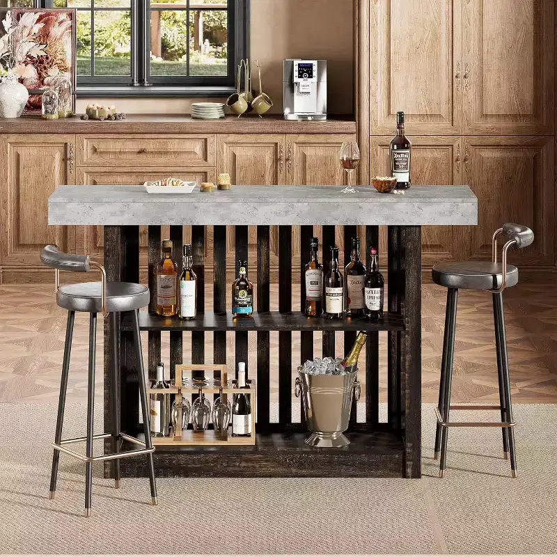 63 Long Bar Table - Counter Bar Height Pub Table with 2 Tier Storage Shelves, Modern Coffee Breakfast Bar Unit for Dining Room, Bistro, Living Room