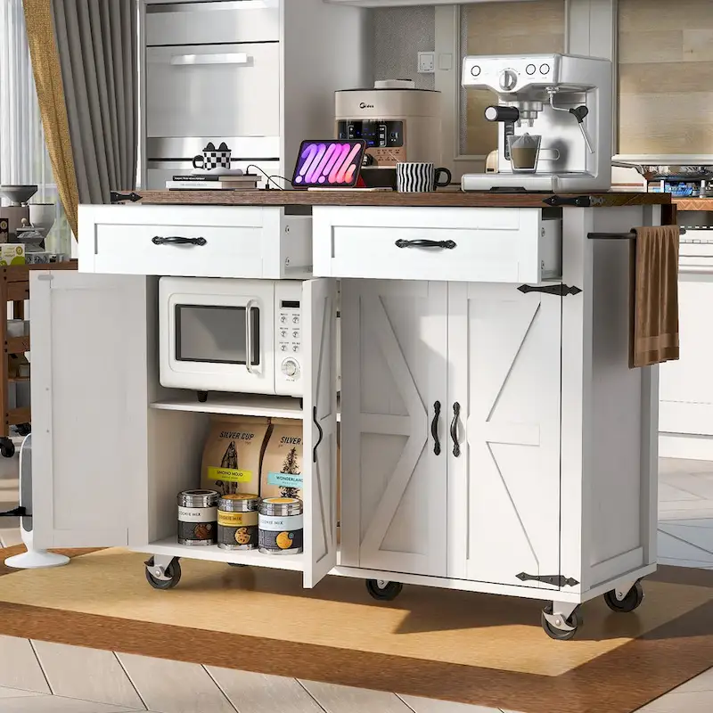 53.5 Farmhouse Kitchen Trolley with Power Outlet, Drop Leaf, Spice Rack, and Drawers, Mobile Cart on Wheels