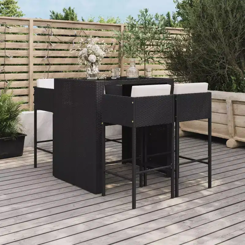 vidaXL Patio Bar Set 5 Piece Wicker Table and Stool with Cushions Poly Rattan - Black