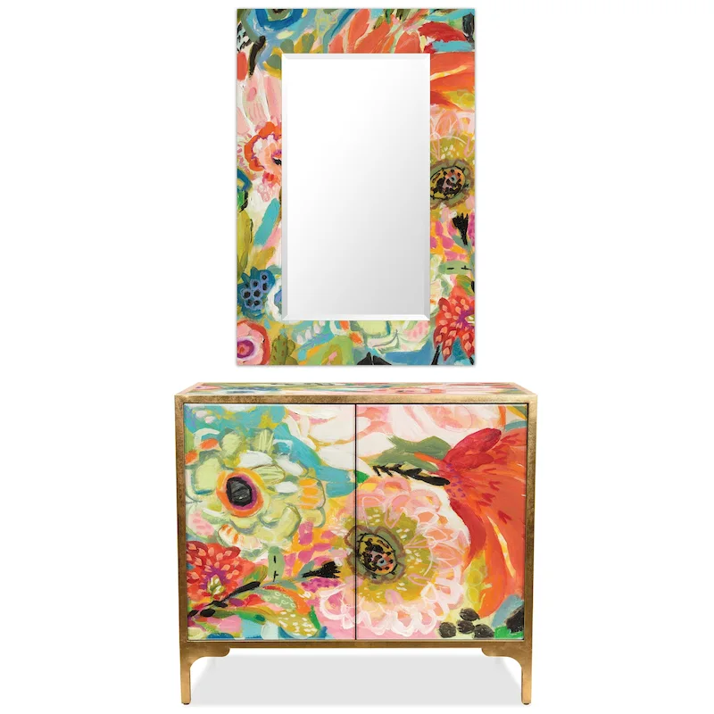 Secret Garden Floral Reverse Printed Beveled Art Glass Cabinet Console Table and Mirror