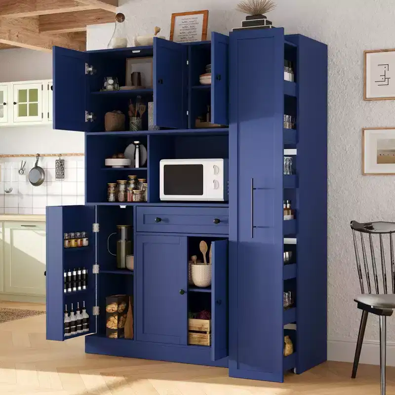 Farmhouse Kitchen Pantry Cabinet with Hutch, Tall Kitchen Storage Cabinet with Pull-Out Side Cabinet, Freestanding Cupboard with Door Shelves