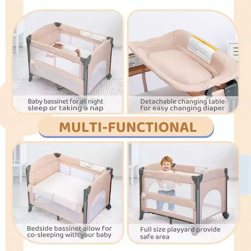 3-in-1 Baby Bassinet Crib Bedside Sleeper – Beige with Hanging Bag & Changing Table