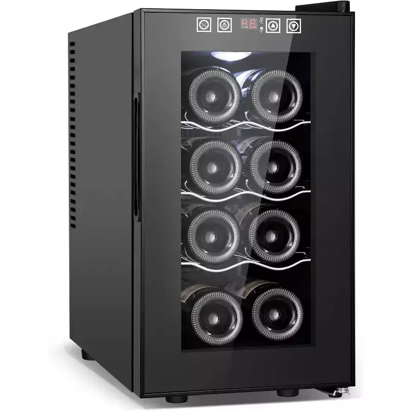 Hooure 8 Bottle Wine Fridge, mini cooler Refrigerator Wine Cellar with Low-E Tempered Glass Door in black