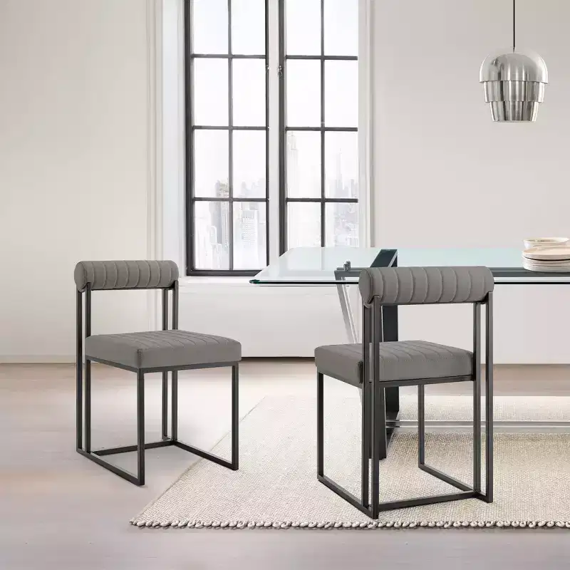 Armen Living Set of 2 Anastasia Dining Chair Iron and Faux Leather Matte Black/Light Gray