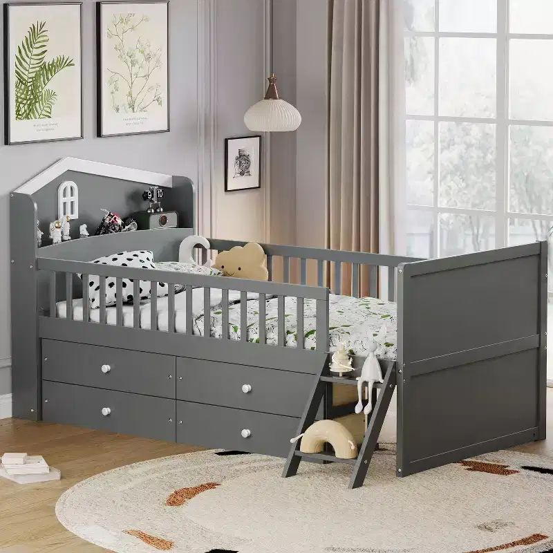 Twin Size Low Loft Bed with 4 Storage Drawers, Guardrail, Headboard and Ladder
