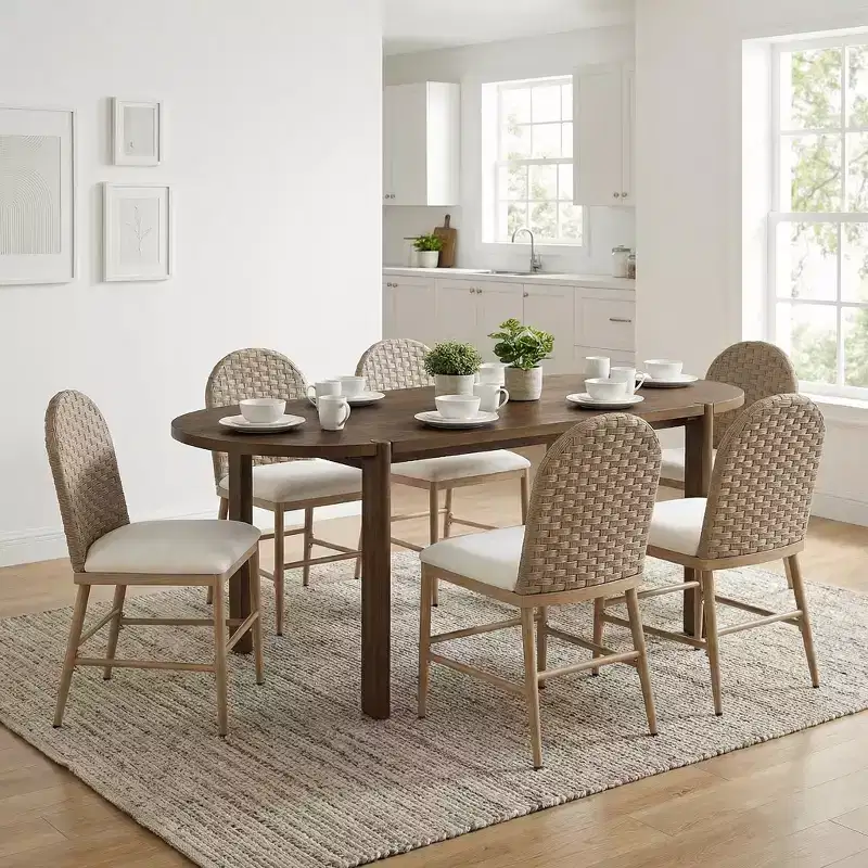 Christopher Knight Home Dori Modern 7 Piece Patio Rubberwood and Iron Dining Set with Oval Table and PE Rattan Design