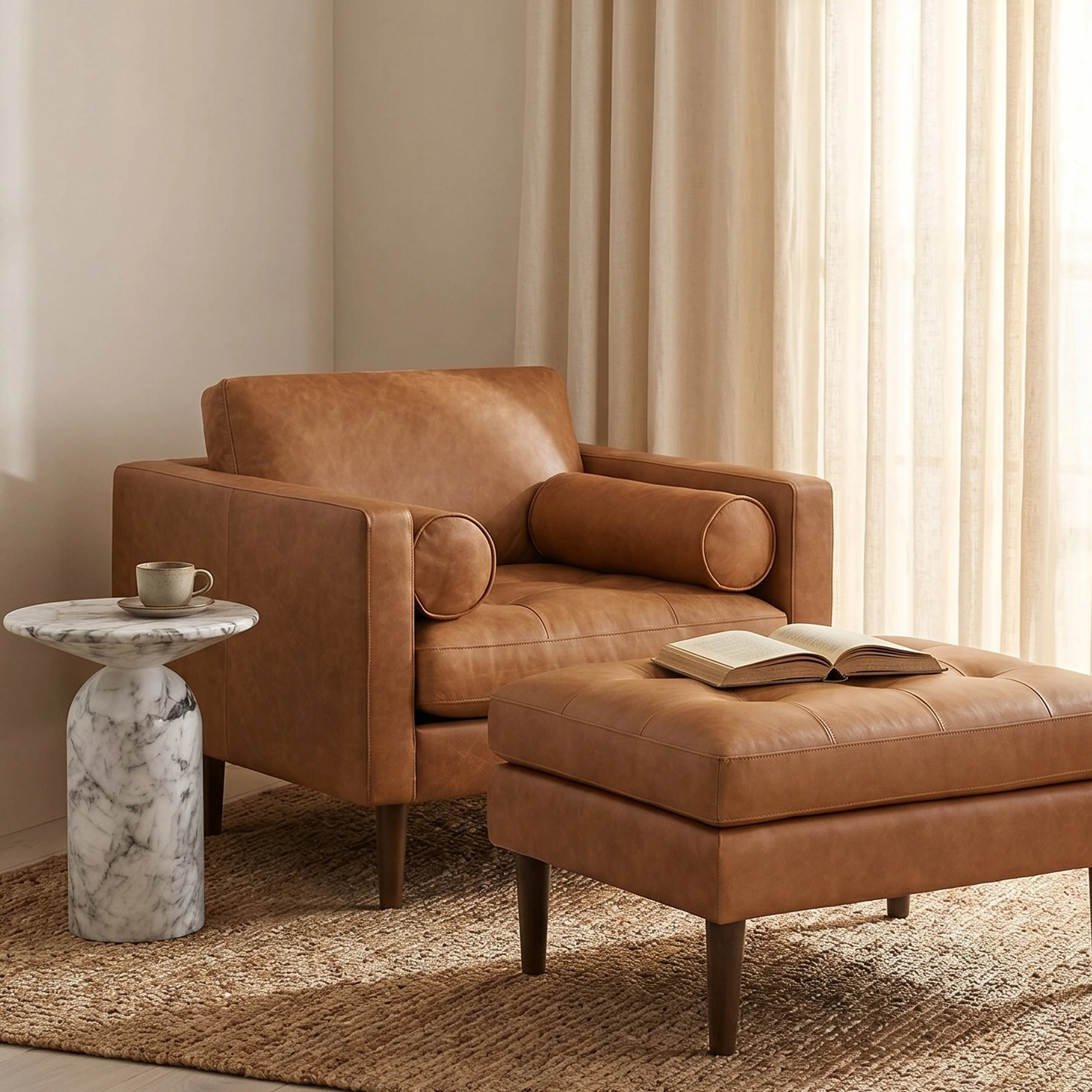 Modern Cognac Tan Leather Lounge Chair with Kiln-Dried Wood Frame