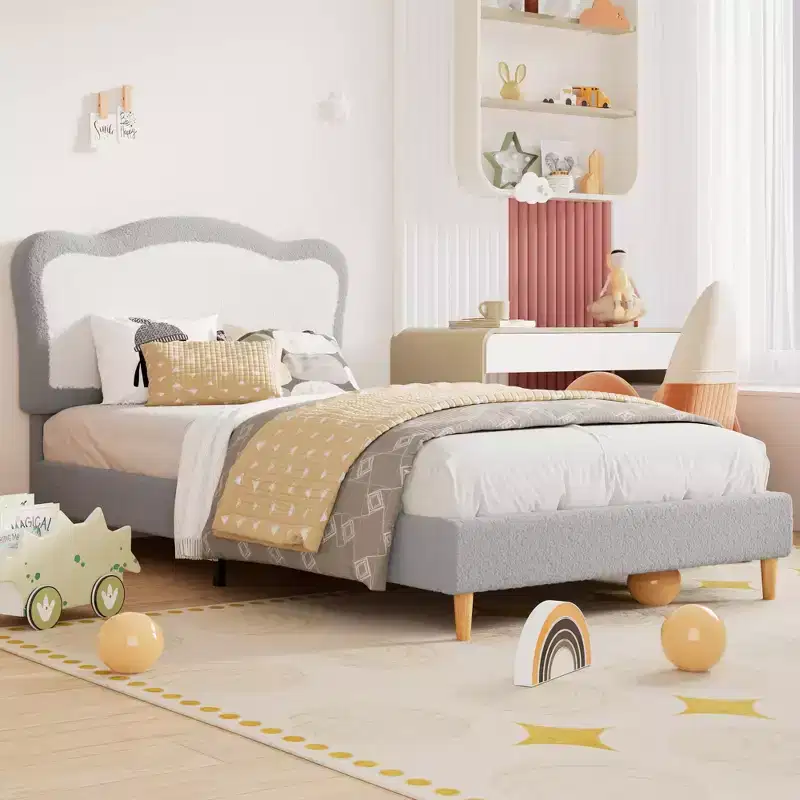Fleece Bed, 350 lb Solid-Wood Legs, Velcro MDF Slats, Noise-Free, Tool-Free Assembly for Kids, Gray
