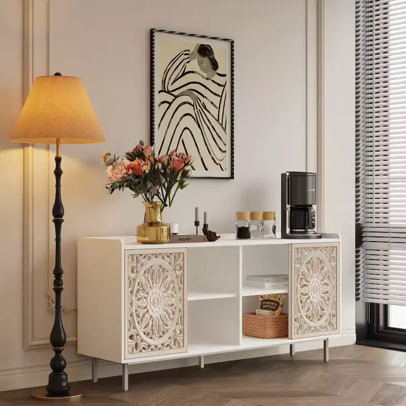 Sideboard Buffet Cabinet, 2 Doors Retro Accent Storage Cabinet Farmhouse Hollow-Carved Buffet Sideboard with Push-Pull Sliding Door