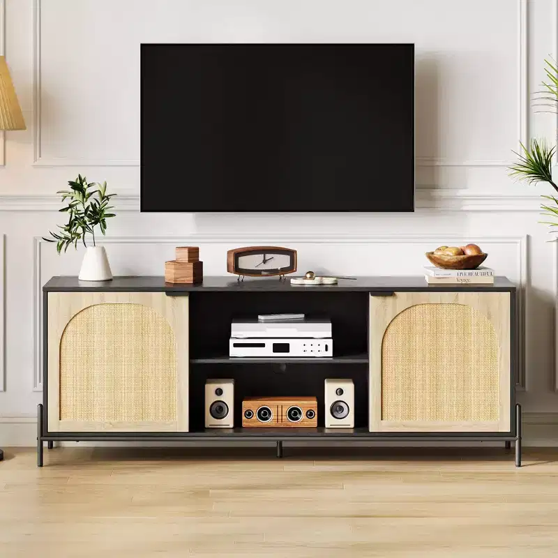Black Oak Rattan TV Stand, Mid-Century Style, Fits TVs up to 75