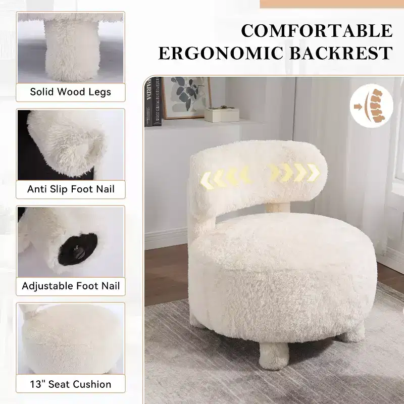 Upholstered Accent Chair Armless Side Chair with Curved Backrest, Teddy/Fur, White/Khaki - ModernLuxe