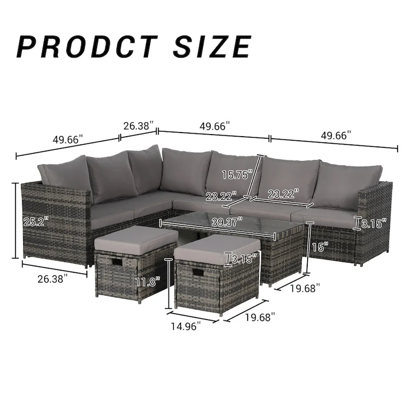6-Piece Rattan Sectional Sofa Set with Glass Table
