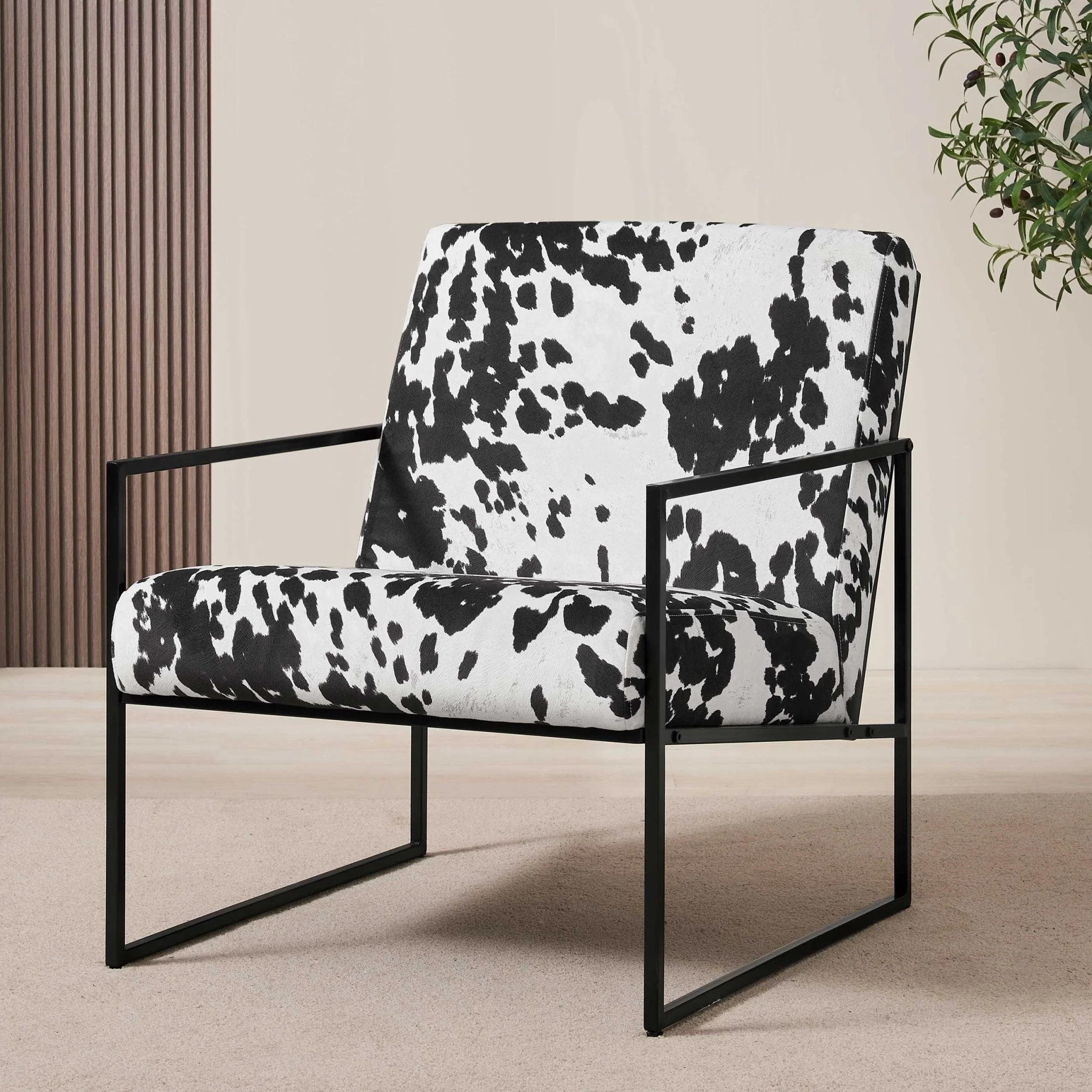Eclectic Cow Print Fabric Accent Chair with Bold Pattern for Living Room