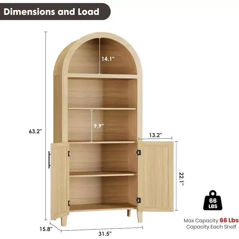 5-Tier Open Display Shelf with Rattan Decor, Farmhouse Storage Cabinet, Arched Kitchen Pantry Storage Cabinet, for Home, Office, Living Room