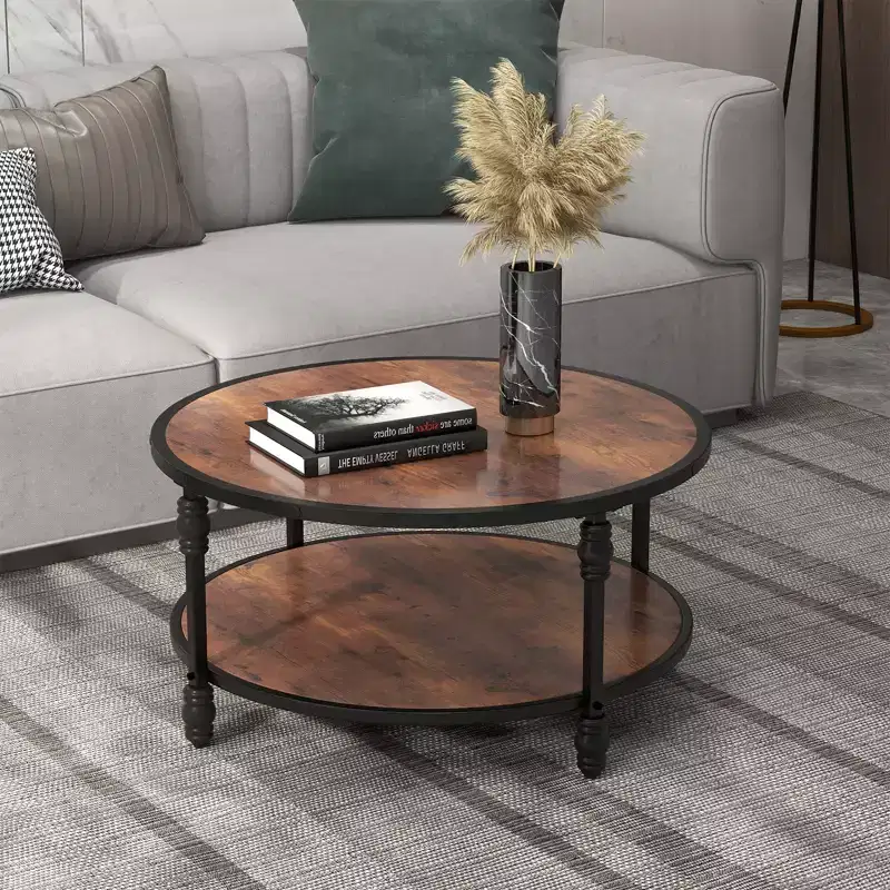 Acekool Round Coffee Table, Rustic 2-Tier Center Table with Storage Shelf, Wood Top & Metal Legs, Easy Assembly for Living Room