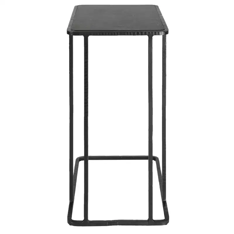 Rectangular Bluestone Top Accent Table with Black Iron Frame & Carved Details, 24