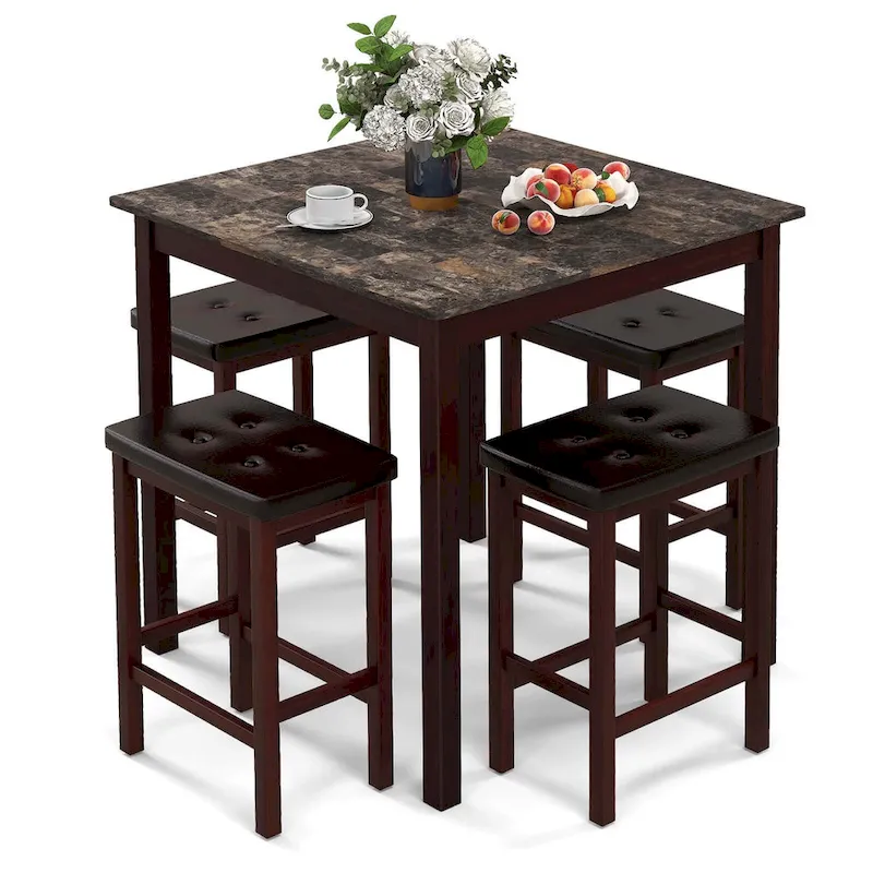 Costway 5 PCS Bar Table Set Square Dining Table & 4 PVC Leather