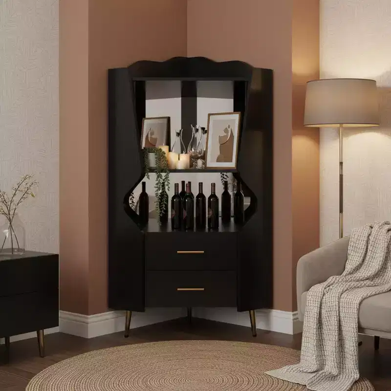 Modern Corner Bar Cabinet with Shelves and Drawers, Black