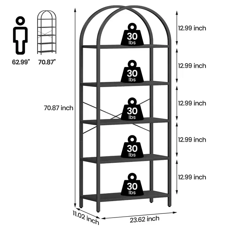 Coolmee 5 Tier Arched Bookshelf, Bookcase Display Racks Tall Bookshelves, Storage Rack Large Wood Book Shelf for Bedroom, Living Room, Office