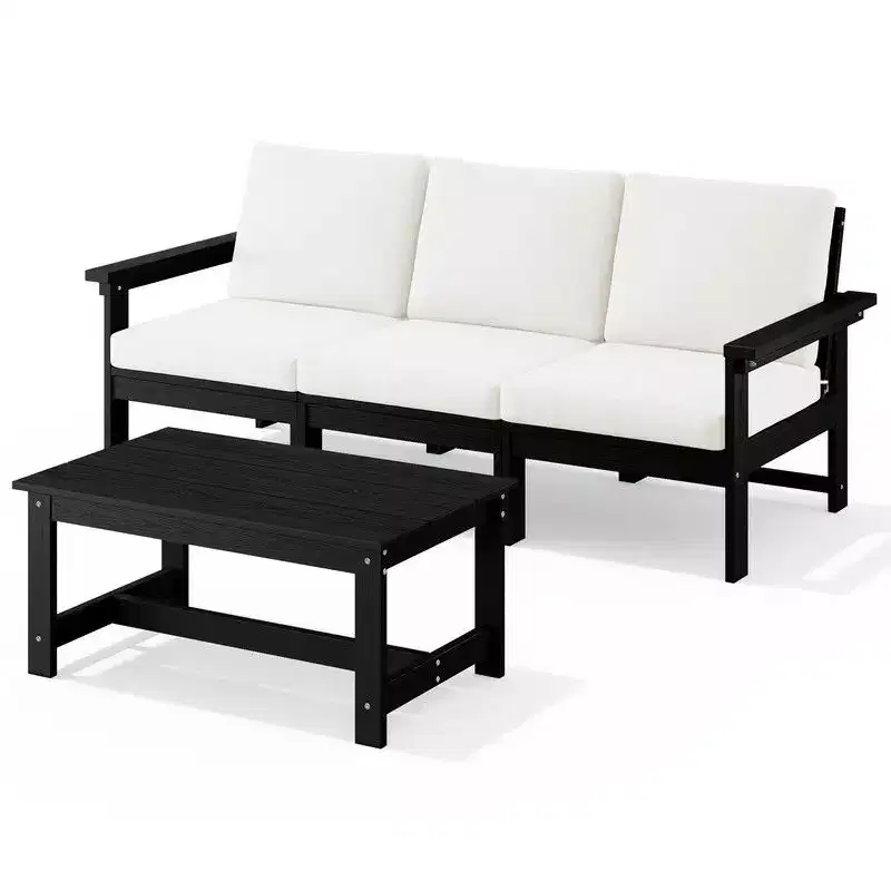 Hyleory Modern HDPE 3-Seater Sofa Set with Removable Soft Cushions and Wide Slat Coffee Table - Durable Weather-Resistant Easy-Clean Design