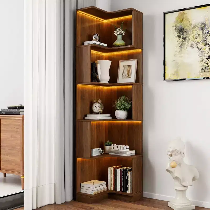 Corner Book Shelf, Storage Shelves with 5 Tier and Baffle, Freestanding L Shaped Storage Organizer for Living Room, Office