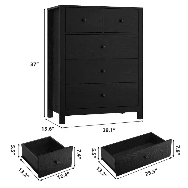 5 Drawer Dresser for Bedroom, Tall Dresser with Deep Drawers & Metal Knobs