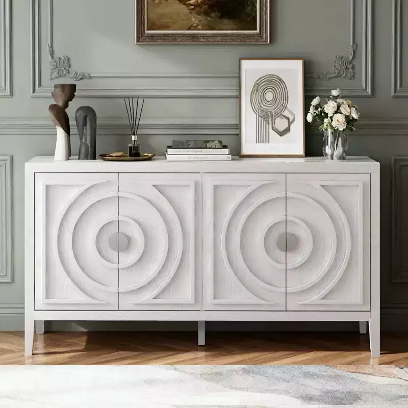 Hostack Retro Sideboard with Circular Groove Design, Round Metal Door Handle for Entrance, Dinning and Living Room, White