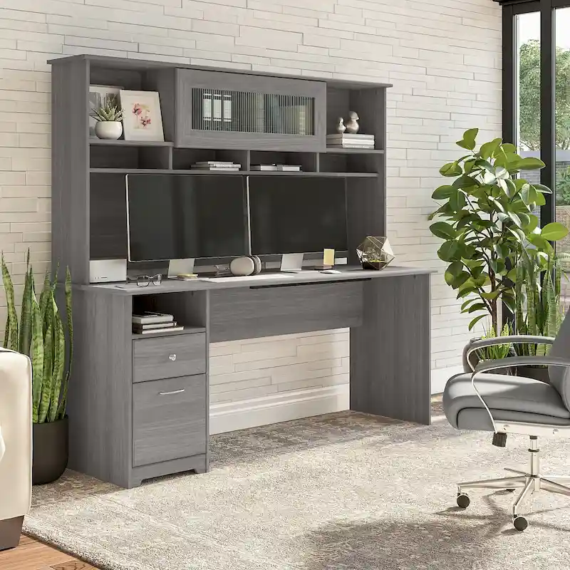 72W Computer Desk with Hutch and Drawers by