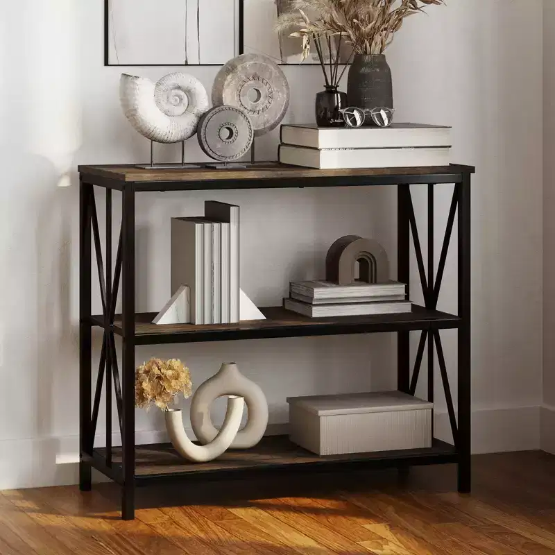 Hastings Home 3-Tier Freestanding Barnwood Bookshelf, Industrial Bookcase for Home or Office Organization and Storage, Brown Woodgrain