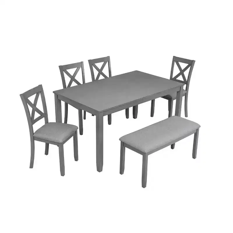 6-Piece Wooden Dining Table with 4 Upholstered Chairs and Bench, Kitchen & Dining Room Furniture, Grey