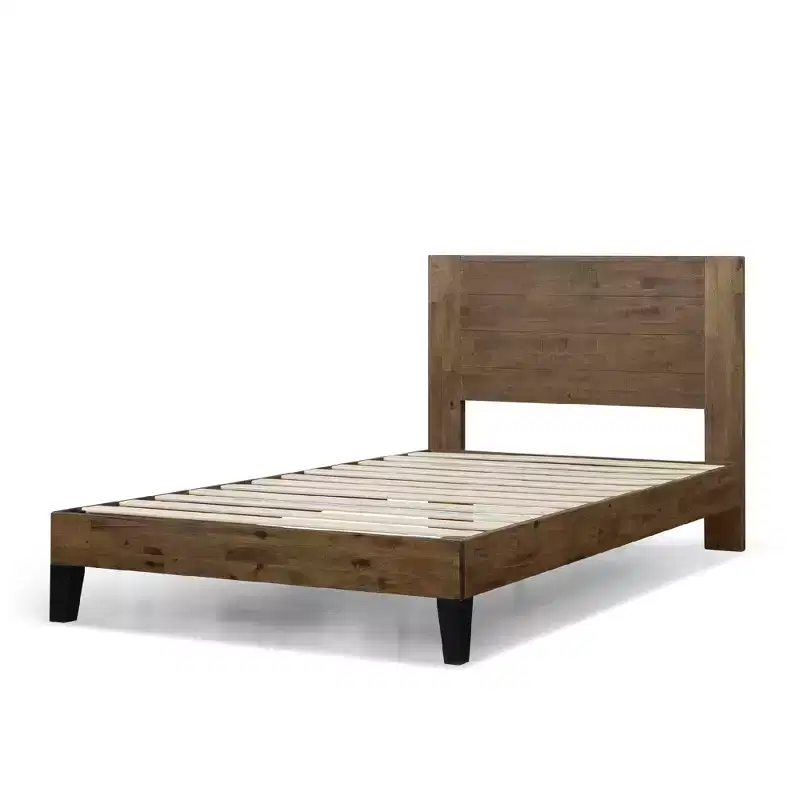 Wood Platform Bed Frame with Headboard Brown