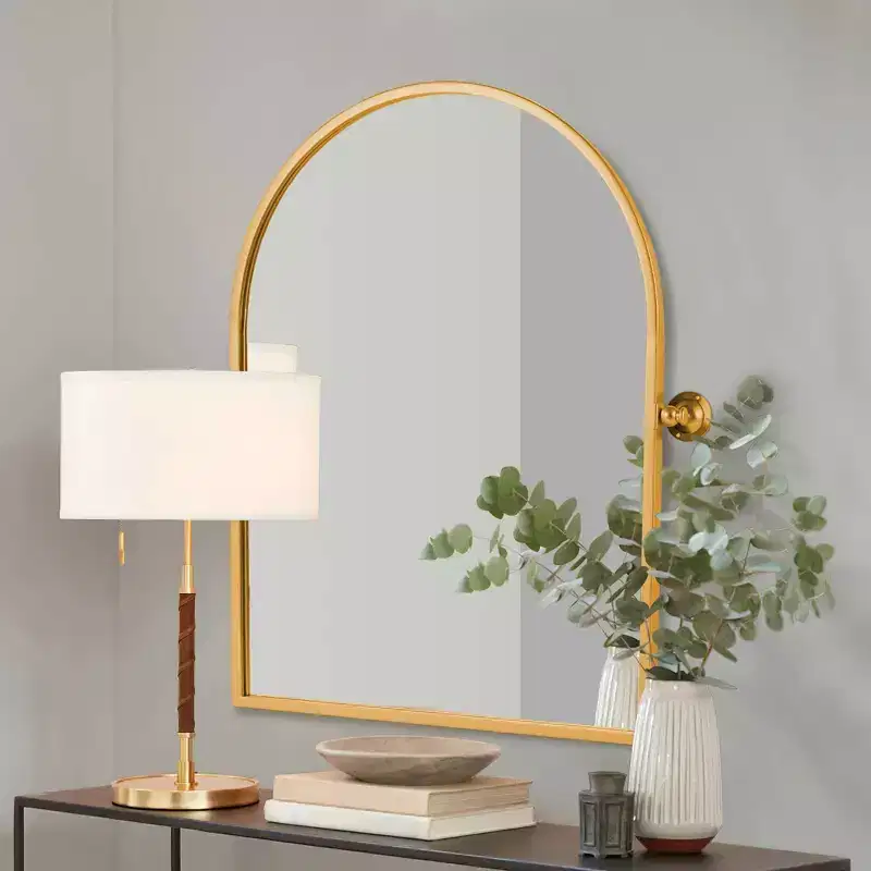 Gold Metal Frame Right-Angle Arched Wall Mounted Accent Mirror, 36 x 24 x 2