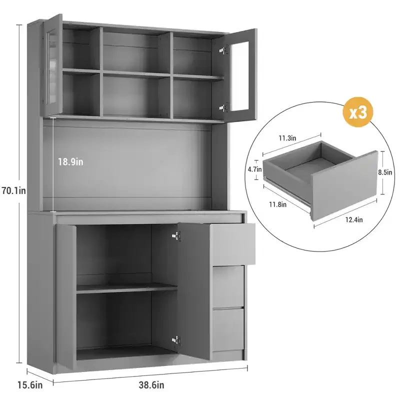 71 in Tall Kitchen Pantry Cabinet with Doors&Shelves Adjustable, Kitchen Storage Hutch with Microwave Shelf, Led Lights&Charging Station