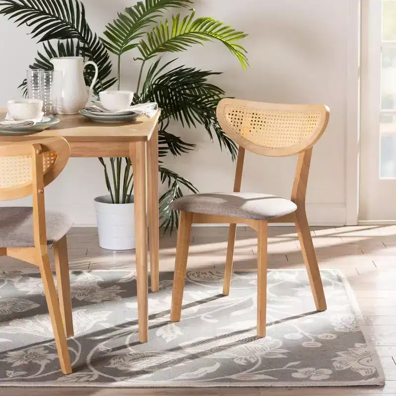 2pc Dannell Fabric and Wood Dining Chairs Gray/Natural Oak/Light Brown: Polyester Upholstery, Rubberwood Frame