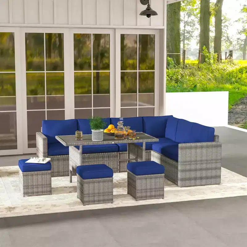 Outsunny 7 Piece Patio Furniture Set, Outdoor L-Shaped Sectional Sofa with 3 Loveseats, 3 Ottoman Chairs, Dining Table, Cushions, Storage
