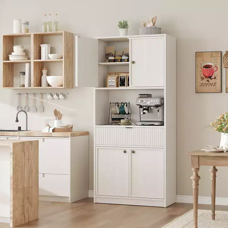 Tall Pantry Cabinet with Microwave Shelf & Drawer, 70 Kitchen Hutch Storage Cabinet with Doors, Fluted Freestanding Cupboard, for Dining Room