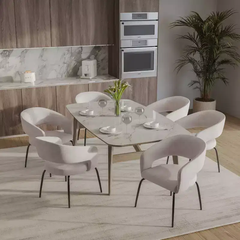 LeisureMod Dining Chair Upholstered in Leather with Open Curved Backrest and Iron Legs Gavin Collection Set of 4