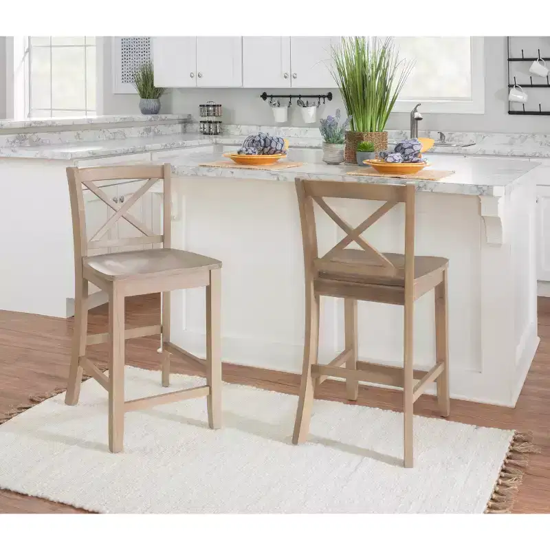 24" Solid Wood Traditional X-Back Counter Height Barstools Gray Wash -