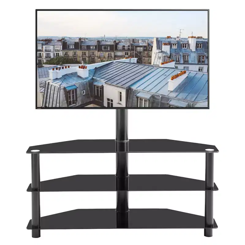 Height & Angle Adjustable TV Stand with Glass Shelves, Multi-function TV Bracket for TVs from 32 to 65, Black - ModernLuxe